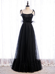 Black Tulle Spagehtti Straps Sequins Feather Prom Dresses