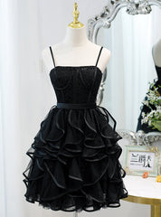 Black Tulle Spaghetti Straps Beading Homecoming Dresses