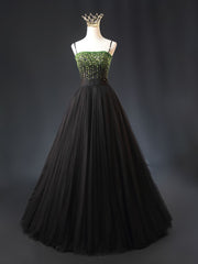 Black Tulle Spaghetti Straps Green Beading Prom Dresses