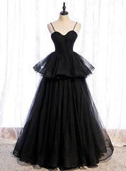 Black Tulle Spaghetti Straps Long Prom Dresses