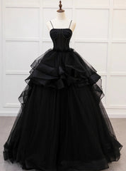 Black Tulle Spaghetti Straps Prom Dress