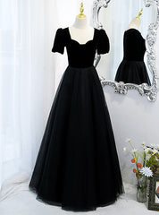 Black Tulle Square Short Sleeve Square Prom Dresses