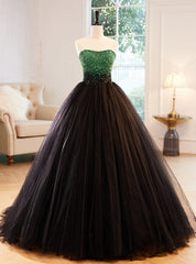 Black Tulle Strapless Green Beading Prom Dresses