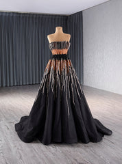 Black Tulle Strapless Pleats Beading Prom Dresses