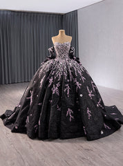 Black Tulle Strapless Sequins Prom Dresses