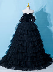 Black Tulle Tiers Sweetheart Prom Dresses