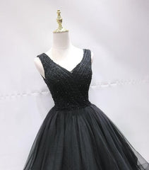 Black Tulle V Back Beaded Knee Length Homecoming Dress, Black Short Party Dress