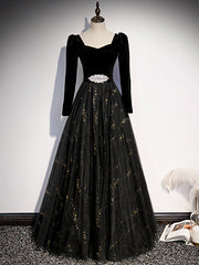 Black Tulle Velvet Long Sleeve Prom Dresses