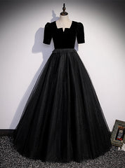 Black Tulle Velvet Short Sleeve Beading Prom Dresses