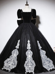 Black Tulle Velvet Short Sleeve Quinceanera Dresses