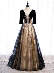 Black Tulle Velvet Short Sleeve Sequins Prom Dresses