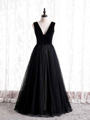 Black Tulle Velvet V-neck Prom Dresses