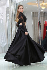 Black Two Piece Long Sleeve Floor Length Satin Prom Dresses with Lace