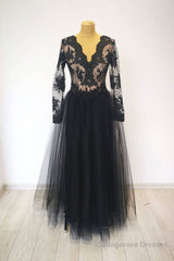 Black v neck lace tulle long evening dress black lace prom dress