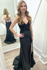 Black V Neck Satin Mermaid Long Prom Dresses with Slit