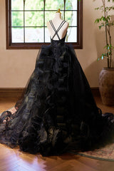 Black V-Neck Tulle Lace Prom Dresses, Gorgeous A-Line Evening Party Dresses