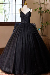 Black V-Neck Tulle Lace Prom Dresses, Gorgeous A-Line Evening Party Dresses