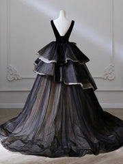 Black V Neck Tulle Velvet Long Prom Dresses, Black Long Formal Dresses