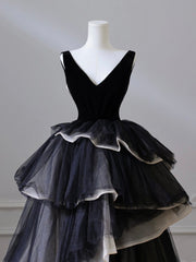 Black V Neck Tulle Velvet Long Prom Dresses, Black Long Formal Dresses