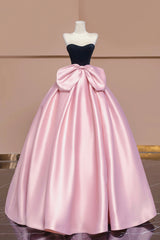 Black Velvet and Pink Satin Long Prom Dresses with Bow, Beautiful A-Line Strapless Formal Party Dresses