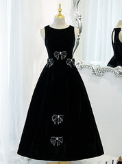 Black Velvet Backless Tea Length Beading Prom Dresses