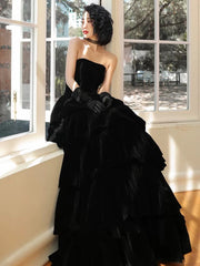 Black Velvet Layers Strapless Long A-line Prom Dresses, Black Velvet Formal Dresses