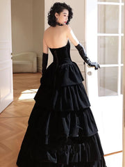 Black Velvet Layers Strapless Long A-line Prom Dresses, Black Velvet Formal Dresses