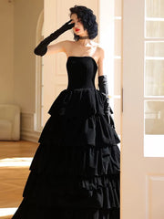 Black Velvet Layers Strapless Long A-line Prom Dresses, Black Velvet Formal Dresses