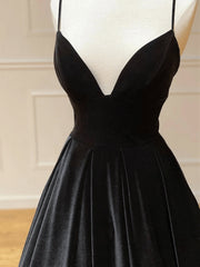 Black Velvet Long A-line Low Back Prom Dresses Black V Neck Wedding Party Dresses prom Dresses shops