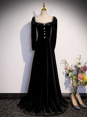 Black Velvet Long Sleeve Square Beading Prom Dresses