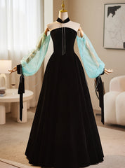 Black Velvet Long Sleeve Strapless Prom Dresses