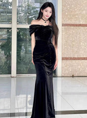 Black Velvet Mermaid Off Shoulder Long Party Dresses, Black Velvet Prom Dresses