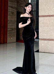 Black Velvet Mermaid Off Shoulder Long Party Dresses, Black Velvet Prom Dresses