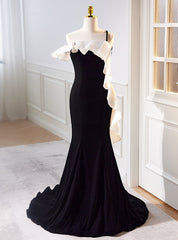 Black Velvet Mermaid One Straps Prom Dresses