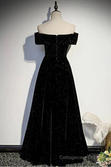 Black Velvet Off Shoulder Long Party Dress, Black Simple Prom Dress