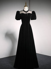 Black Velvet Puff Sleeve Prom Dresses