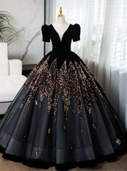 Black Velvet Sequins Short Sleeve Quinceanera Dresses