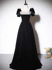 Black Velvet Short Sleeve Sequins Prom Dresses