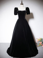 Black Velvet Short Sleeve Square Neck Crystal Prom Dresses