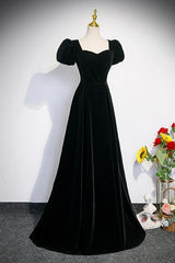 Black Velvet Short Sleeves Floor Length Long Prom Dresses, Black Velvet Long Formal Evening Dresses