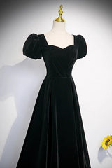 Black Velvet Short Sleeves Floor Length Long Prom Dresses, Black Velvet Long Formal Evening Dresses