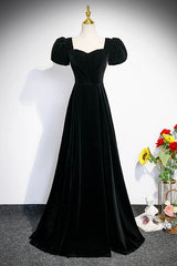 Black Velvet Short Sleeves Floor Length Long Prom Dresses, Black Velvet Long Formal Evening Dresses