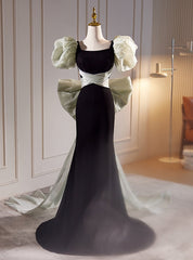 Black Velvet Square Puff Sleeve Prom Dresses With Bow