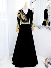 Black Velvet V-neck Long Sleeve Gold Beading Prom Dresses