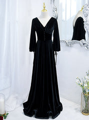 Black Velvet V-neck Long Sleeve Prom Dresses