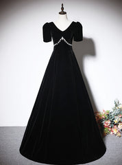 Black Velvet V-neck Short Sleeve Crystal Prom Dresses