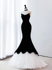 Black Velvet White Tulle Strapless Prom Dresses