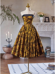 Black Yellow Print Strapless Homecoming Dresses