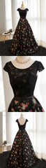 Black Lace Floral Patterns Long Prom Dress, Black Evening Dress