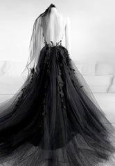 Black Lace Long Prom Dresses, A-Line Backless Evening Dresses